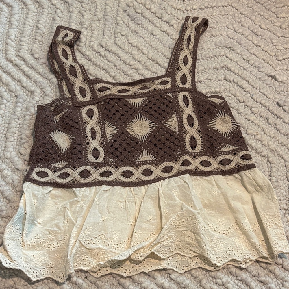 Chic Crochet Women's Top in Brown and Cream